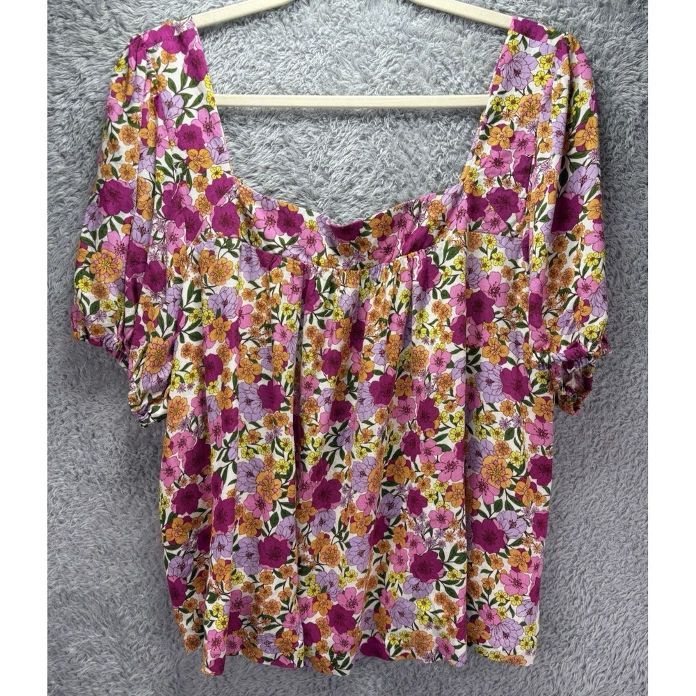 Draper James Floral Puff Sleeve Top Square Neck Pink Yellow 2X Romantic Boho